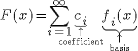 $F(x)=\sum_{i=1}^{\infty}\underbrace{c_i}_{\uparrow\atop\text{coefficient}}\underbrace{f_i(x)}_{\uparrow\atop\text{basis}}$